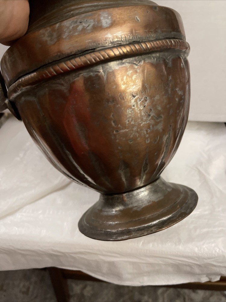 Vintage Hammered Copper Pitcher Middle Eastern Signed 12 Inches Tall