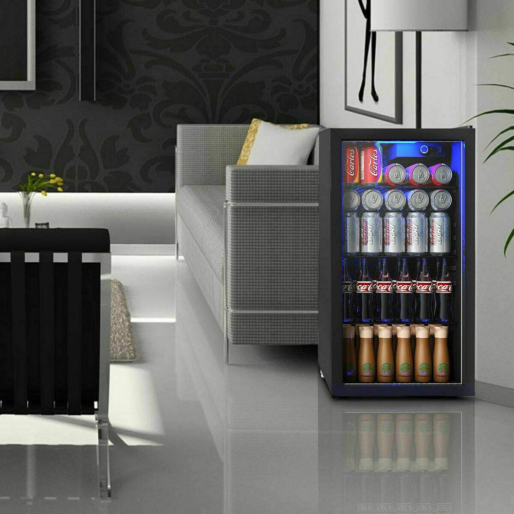 Compact 120 Can Beverage Refrigerator with LED Light and Adjustable Shelves