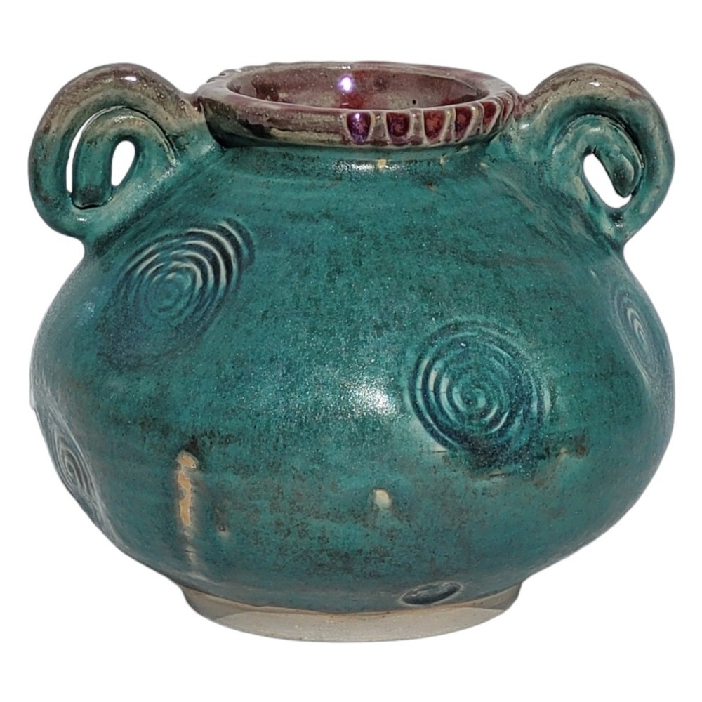 Vintage Handmade Pottery Jug Blue Swirl Double Handle Signed