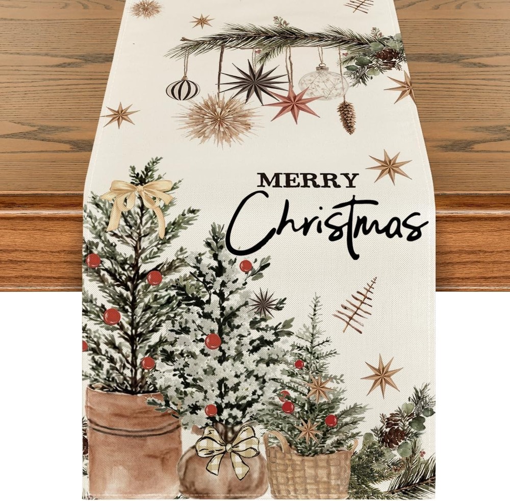 Artoid Mode Xmas Trees Holly Pine 13" x 72", Table Runner, Beige