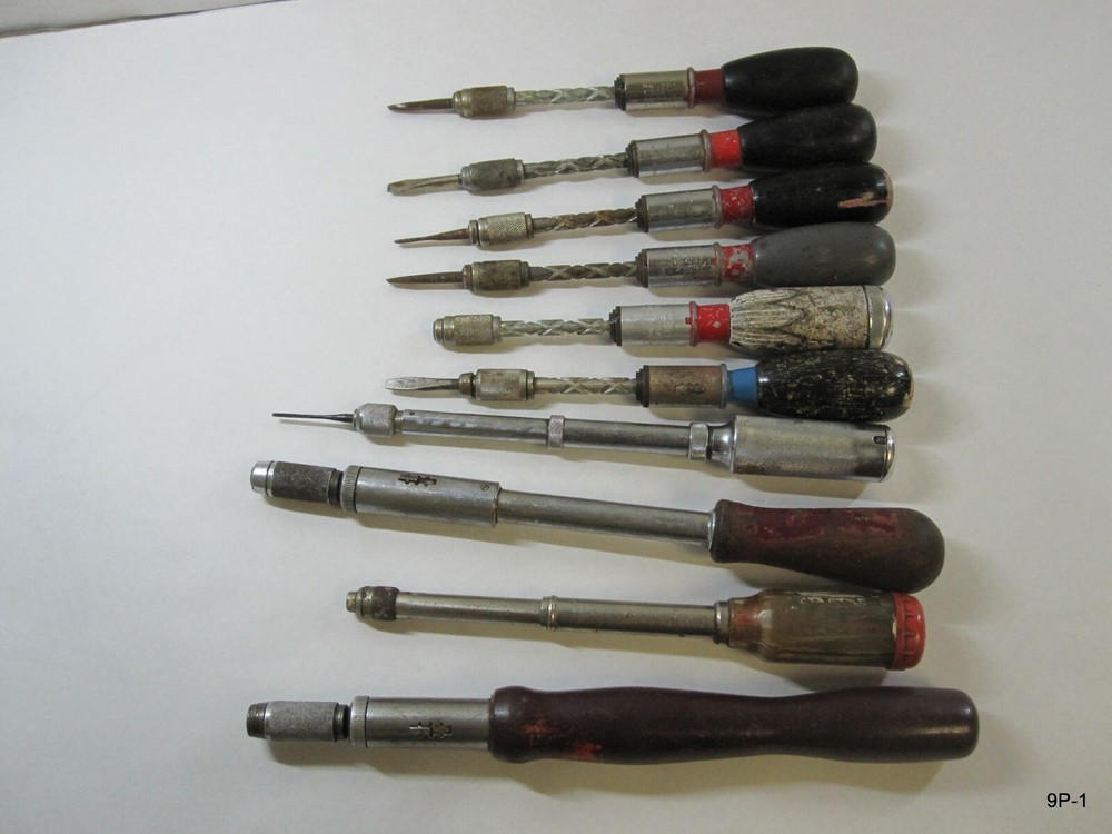 Assortment of 10 Vintage Push Drills & Various Bits