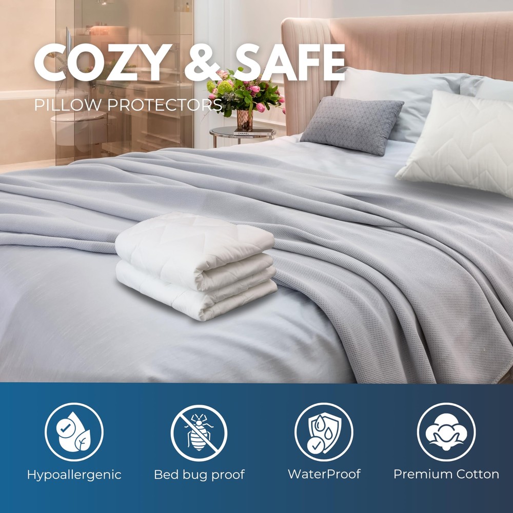 Quilted Pillow Protector - Waterproof and Bed Bug Proof Zippered Pillow Prote...