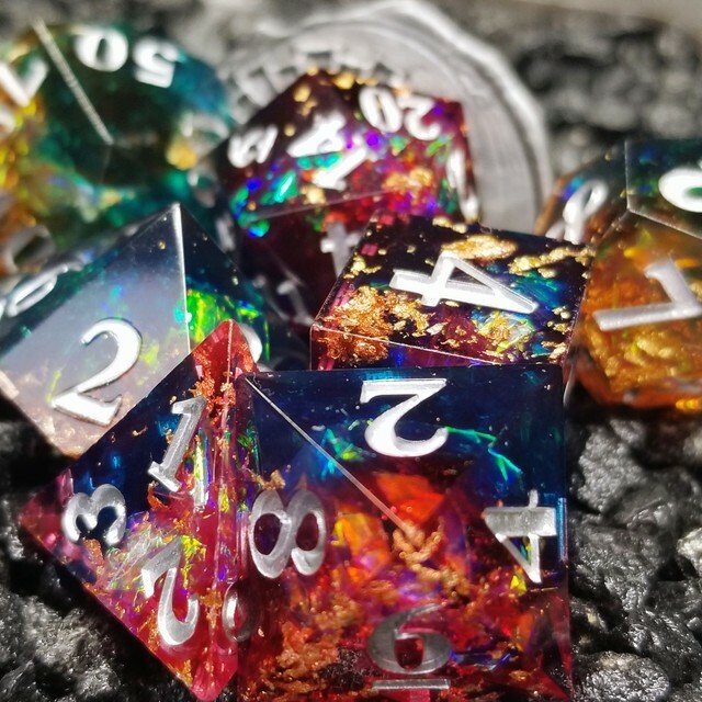 Sage's Enchanted Rainbow Crystals - Sharp Edge Resin Polyhedral Dice Set