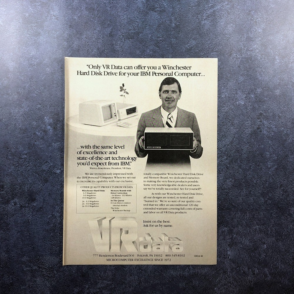 1982 VR Data IBM Winchester Hard Disk Drive PRINT AD Retro Computers PC
