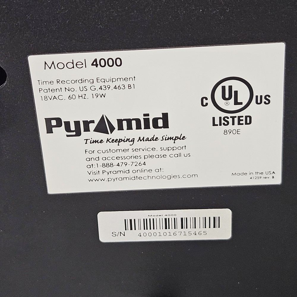 Pyramid Technologies 4000 Time Recorder W/ Key Tested Works
