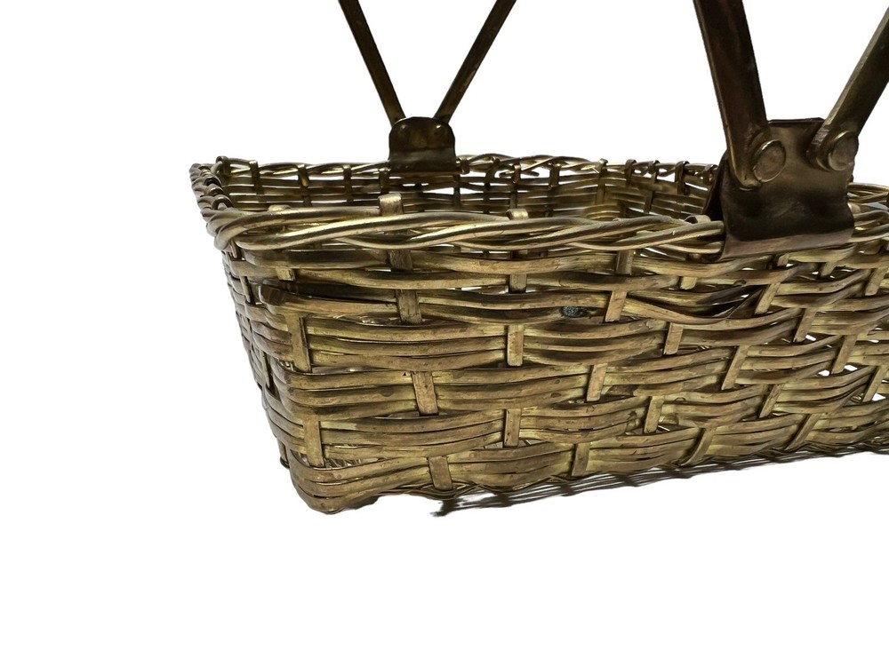 Vintage Square Woven Brass Basket with Handles