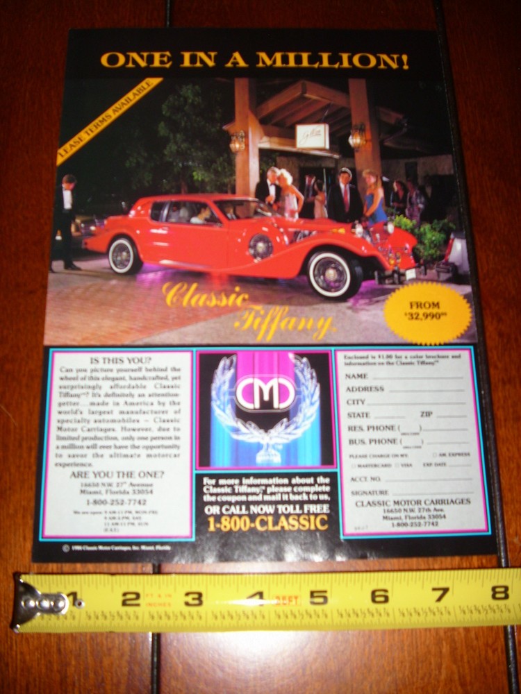 TIFFANY NEO CLASSIC CAR ORIGINAL 1986 AD