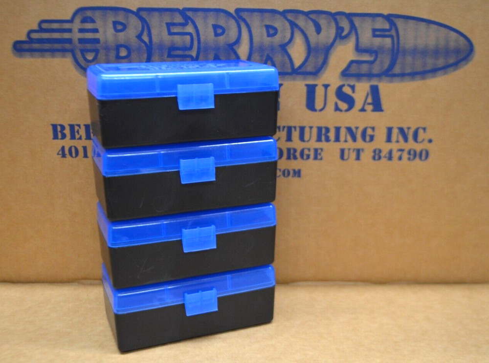 4 x 357 / 38 PLASTIC STORAGE AMMO BOXES (BLUE / BLACK) BERRY'S MFG