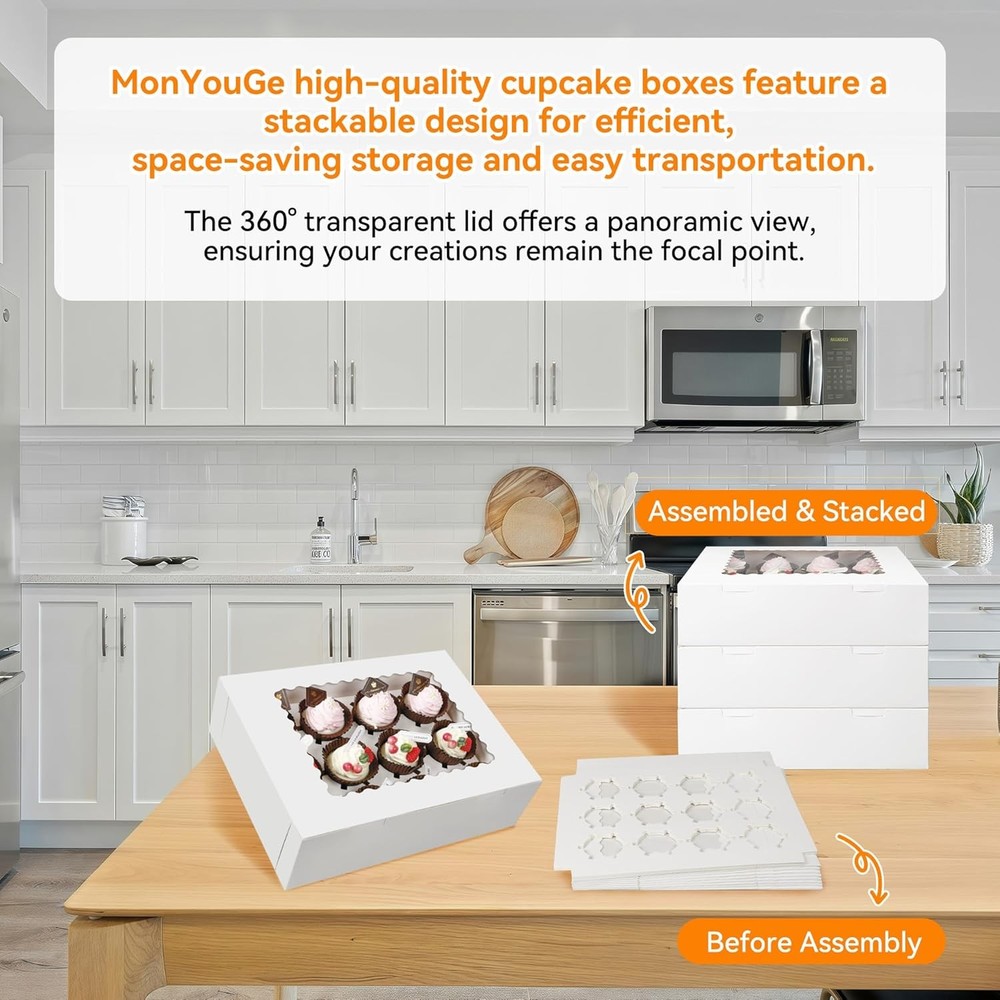 3-Set Cupcake Boxes Bulk with Clear Display Window Hold 12 Standard Cupcakes, Di