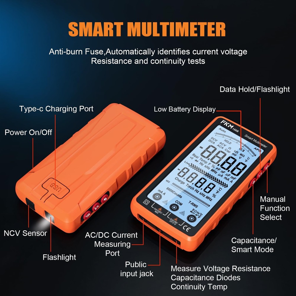 Digital Multimeter TRMS 6000 Counts Auto-Ranging AC/DC Voltage Current Tester