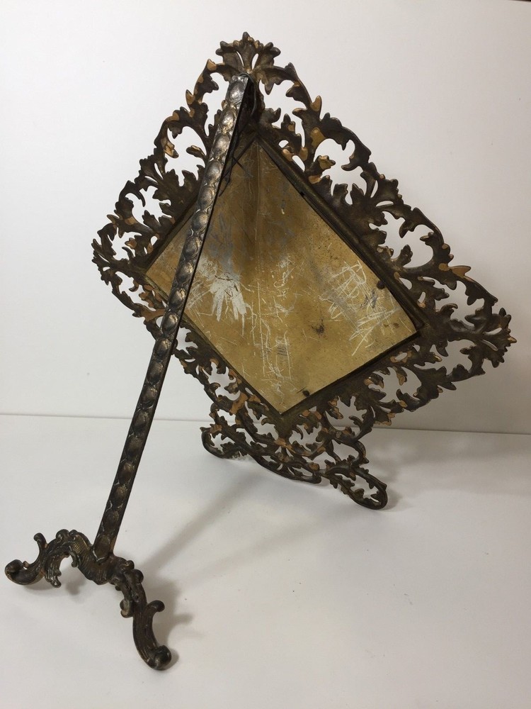 Large Antique Victorian Diamond Shape Cast Iron Rococco Easel Back Frame Mirror