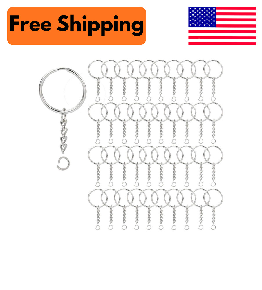 100 Pack 1” Key Rings with Chain & Open Jump Ring Split Round Keychain Bulk New