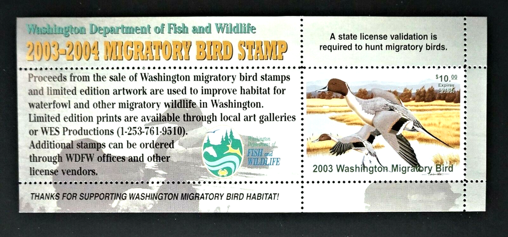 2003 Washington State "Hunter" Duck Stamp Mini Sheet, WA18A, Pintails