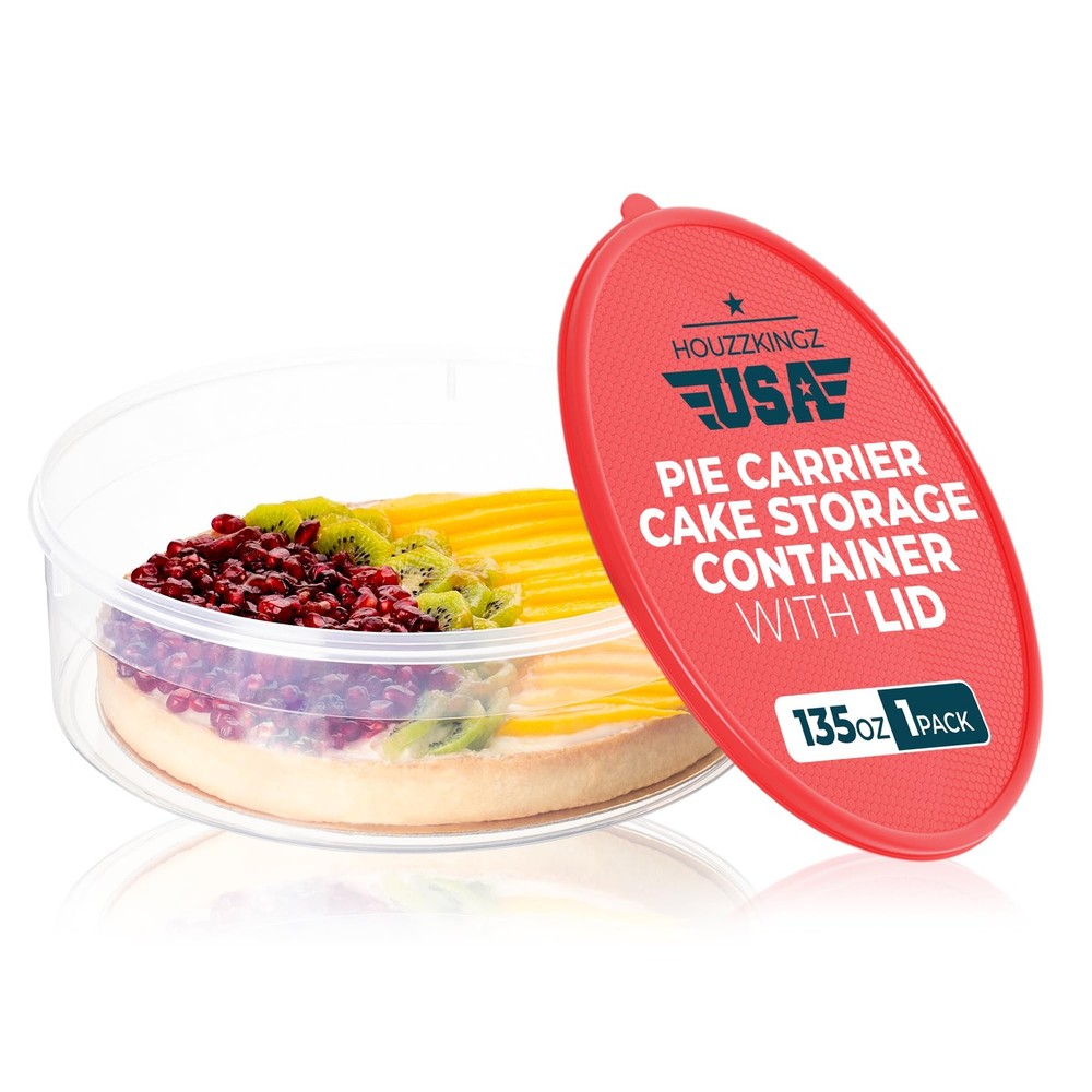 Pie Carrier Cake Storage Clear Container with Red Lid | 10.5" Large Round