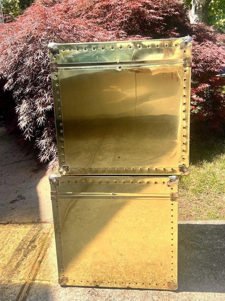 Vintage Pair 1970s Large Brass Cedar Lined Storage Trunk