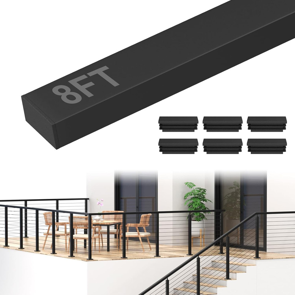 8FT Stainless Steel Cable Railing Handrail, Black Rectangular Handrail Flat Top