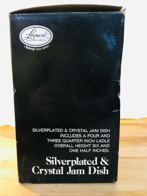 Leonard Silver silverplate and crystal jam dish with spoon, original packaging.