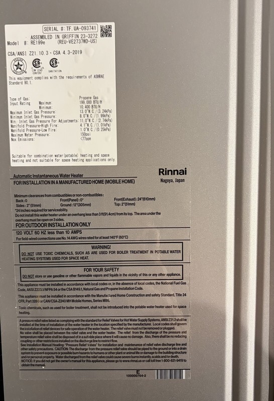 RINNAI RE199EP OUTDOOR TANKLESS WATER HEATER 199K BTU PROPANE GAS