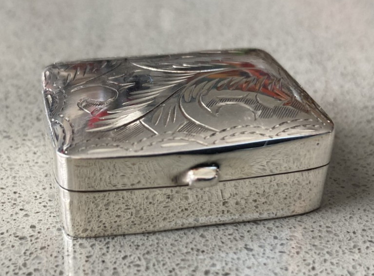 Vintage Engraved Sterling Silver Rectangle Pill Box