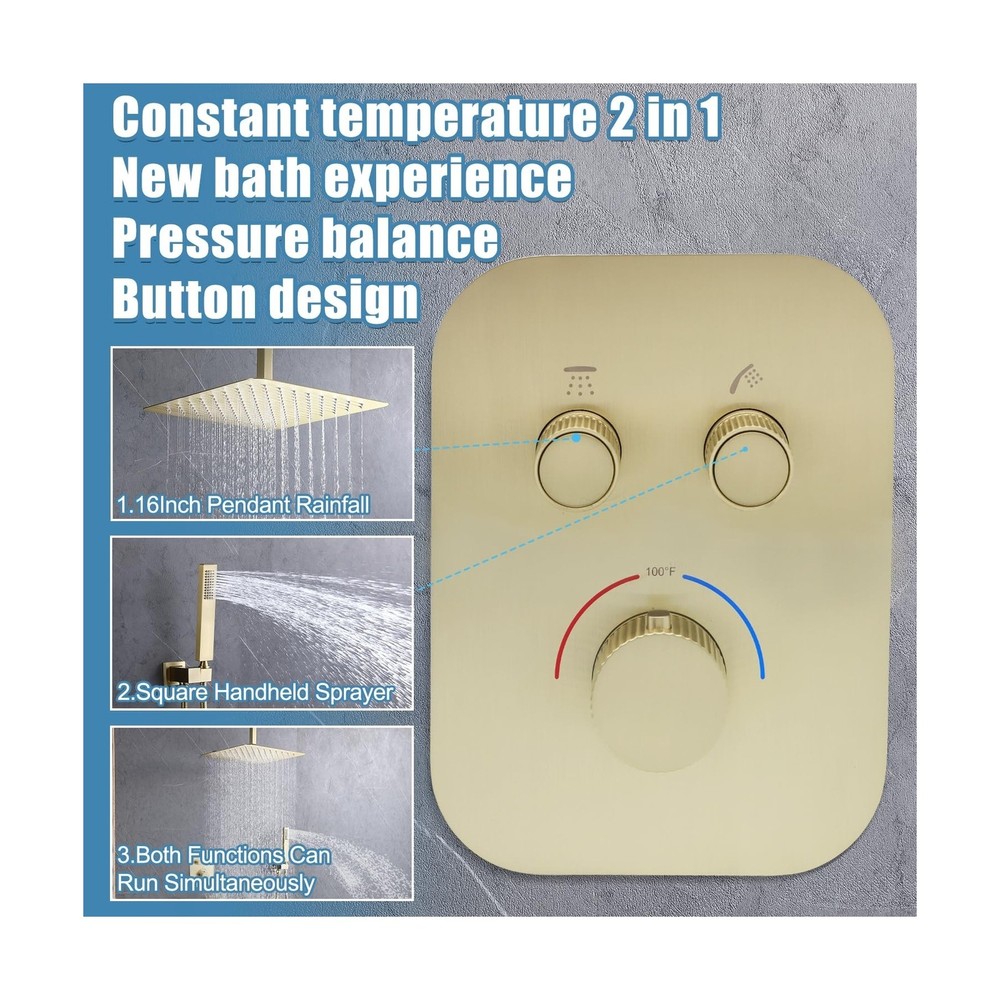 Thermostatic Shower System 16 Inch Ceiling Mount Brushed Gold Shower System B...