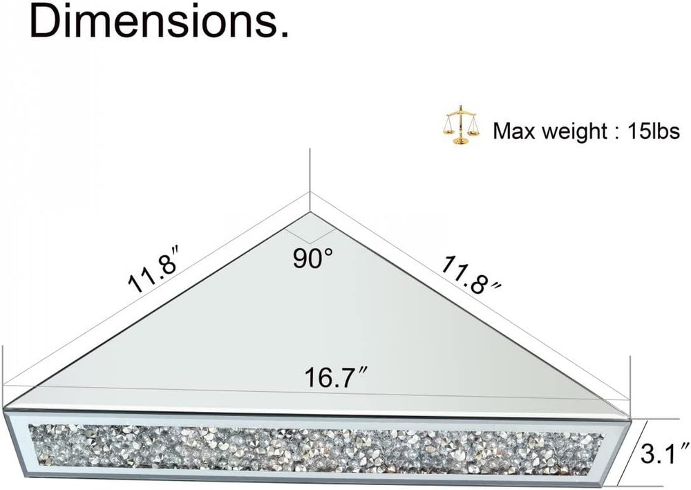 Mirrored Floating Corner Shelf, Silver Mirror Crushed Diamond Decorative Wall