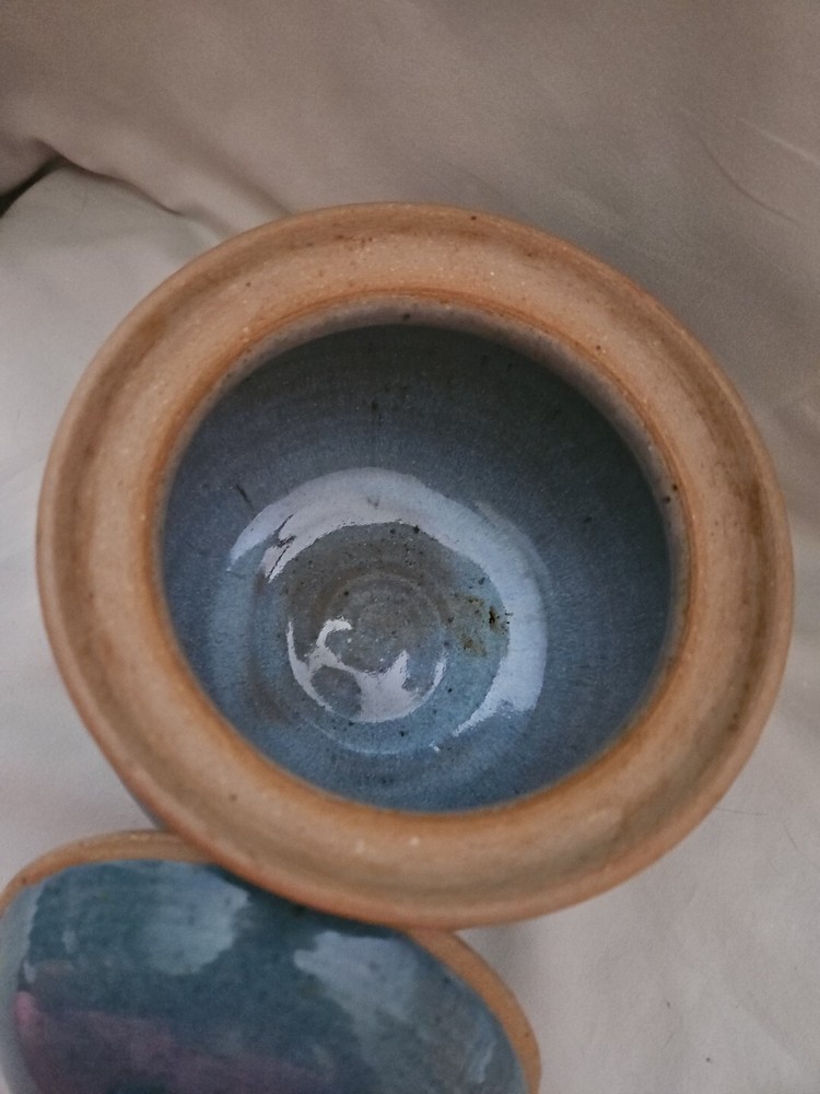 Handmade Studio Art Pottery w/ Flowered Handled Lid Signed Glyde Glazed Blue