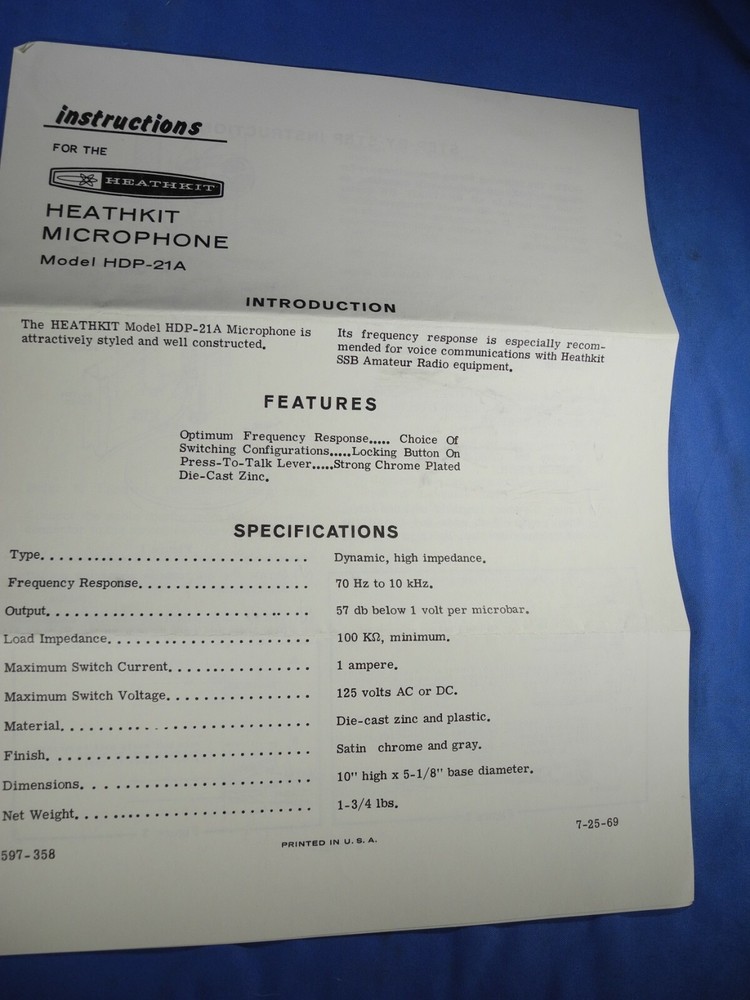 HEATHKIT HDP-21A microphone  Instructions (ORIGINAL)