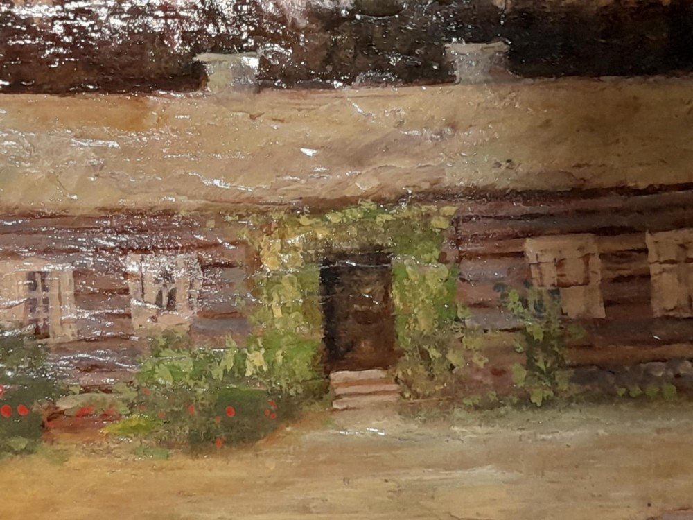 Hand-painted wooden panel with landscape – signed, 71×25 cm