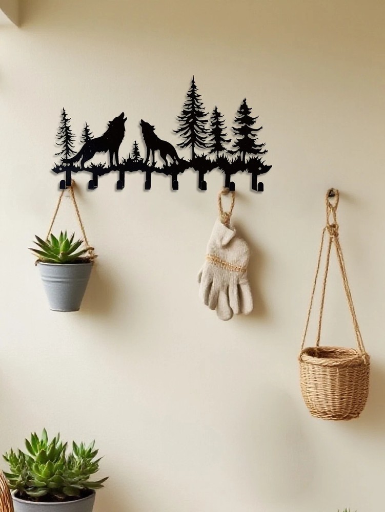 Rustic Wolf Design Key Hooks Wall Mounted Coat Rack Decor