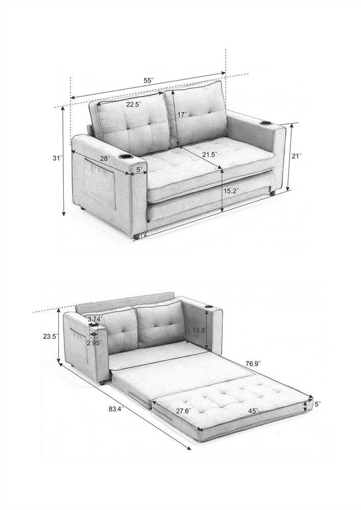 Convertible Sofa Bed Loveseat Futon Sofa Couch w/ Pull Out Bed Dark Gray