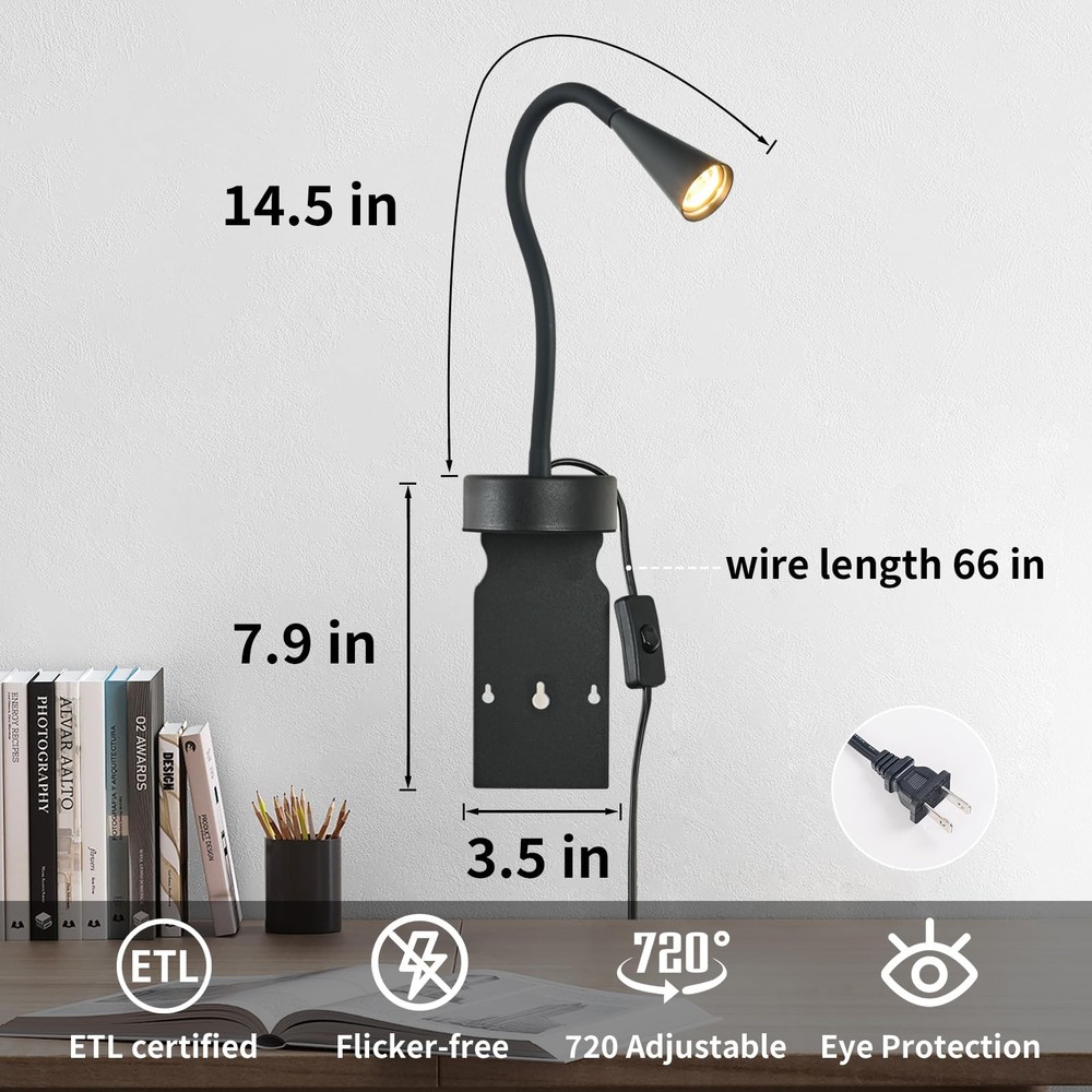 Black Headboard Reading Light, No Drilling Wall Mounted Reading Lights for Be...