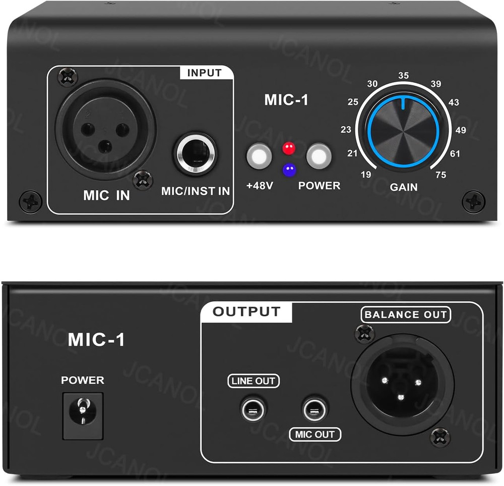 MIC-1 Microphone Preamp Mic Gain Booster with 2 Input Max 75Db Gain 48V Phantom