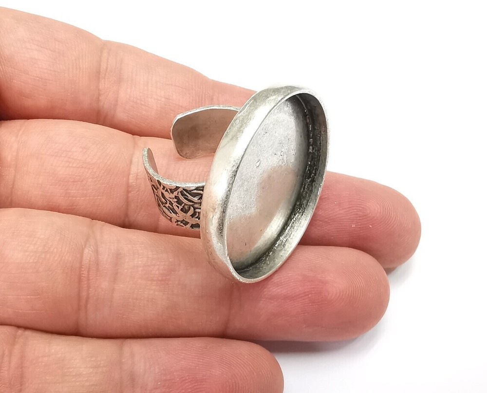 Round Antique Silver Ring Blank Setting, Cabochon Mounting Adjustable Resin Ring
