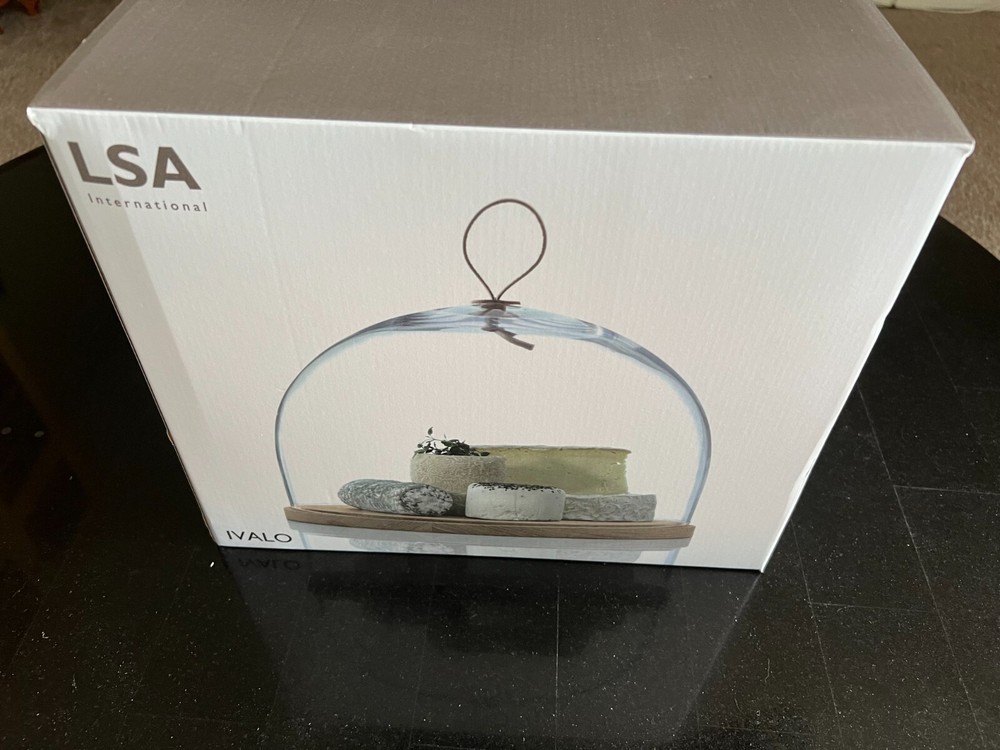 Williams Sonoma LSA Glass Cake Plate Dome & Ash Base Natural Leather Loop Handle
