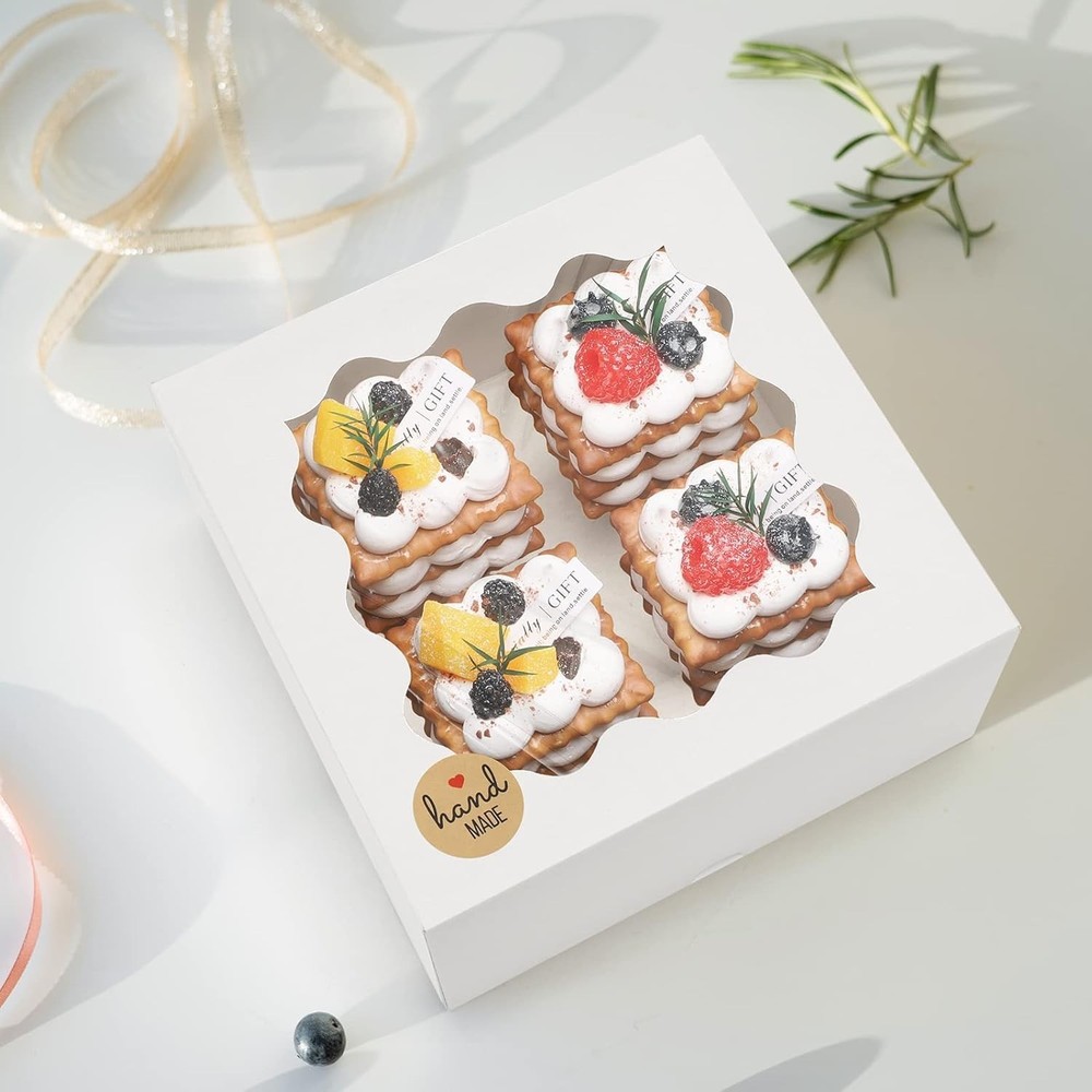 Auto-popup 10x10x5 Cake Boxes with Window, 24pcs Quick Fold White Bakery Boxe...