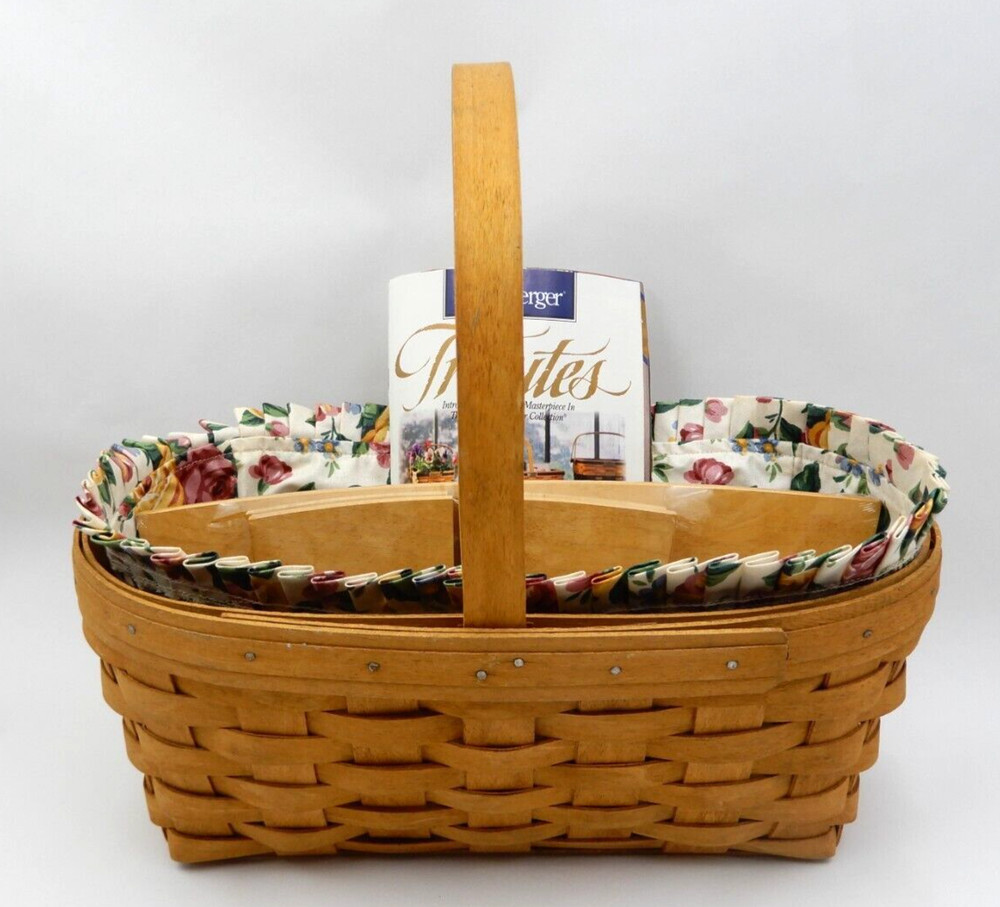 SINGLE HANDLE LONGABERGER BASKET W/ CHORE DIVIDER, PLASTIC & FABRIC LINERS 1999