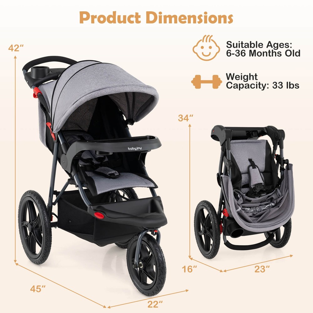 Jogging Stroller Foldable Jogger w/Adjustable Canopy Detachable Tray Cup Holders
