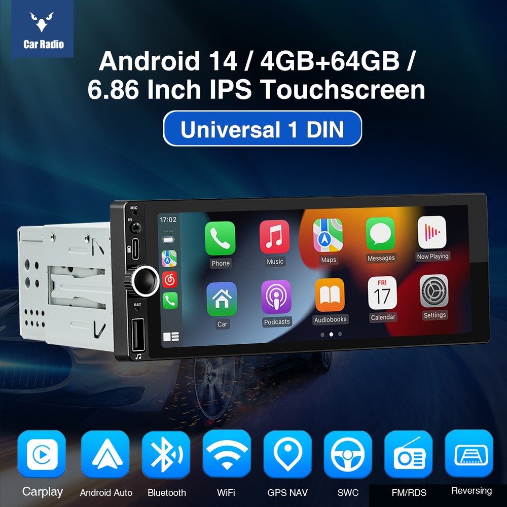 Single 1 Din 4+64G Android 14 Car Stereo IPS Touch Screen GPS USB Bluetooth AUX