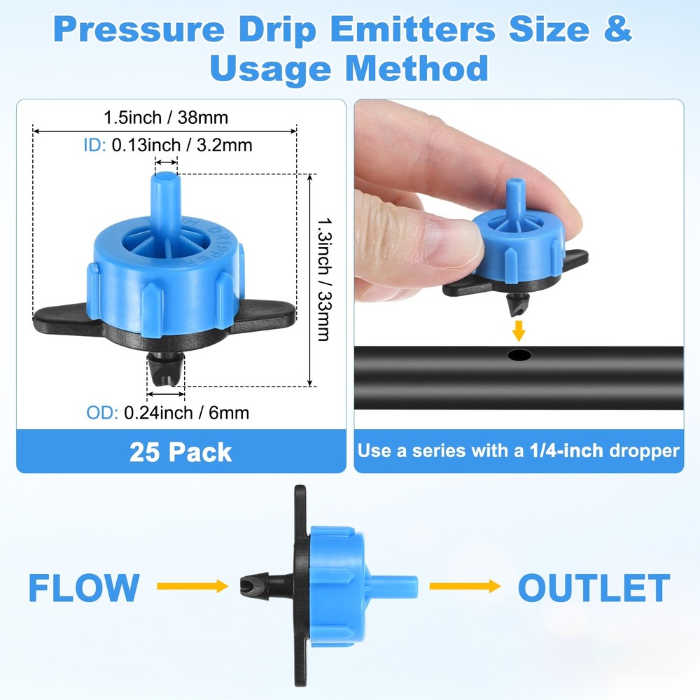 25-Pack Drip Irrigation Emitters, 2 GPH Plastic Irrigation Drippers [Blue]