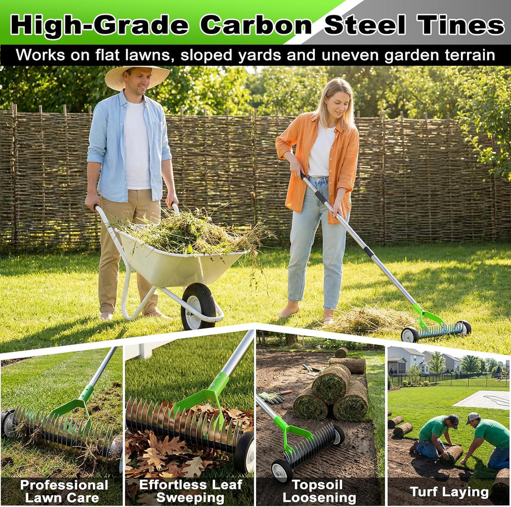 Heavy-Duty Rolling Thatch Rake with Wheels - 15.28" Steel Dethatcher Tool