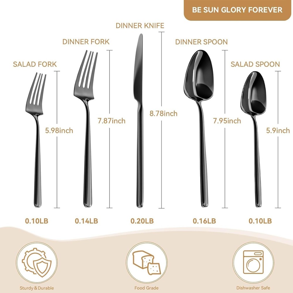 Oval Black 20-Piece Silverware Set, Stainless Steel Flatware Set with Design,...