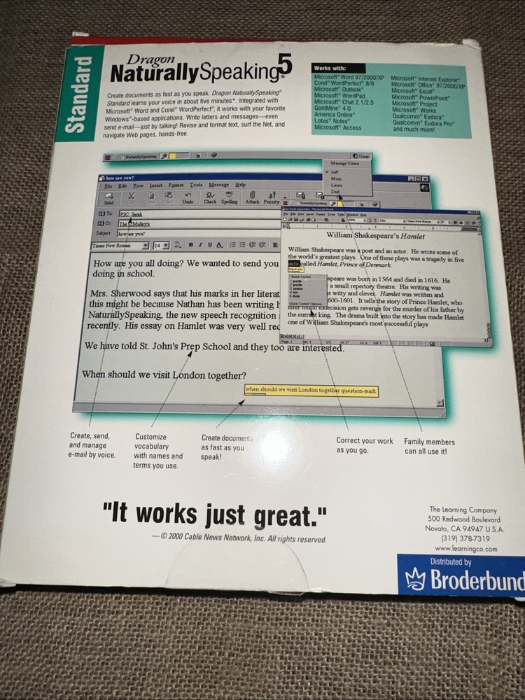 DRAGON NATURALLY SPEAKING 5 SPEECH RECOGNITION SOFTWARE FOR WINDOWS 98