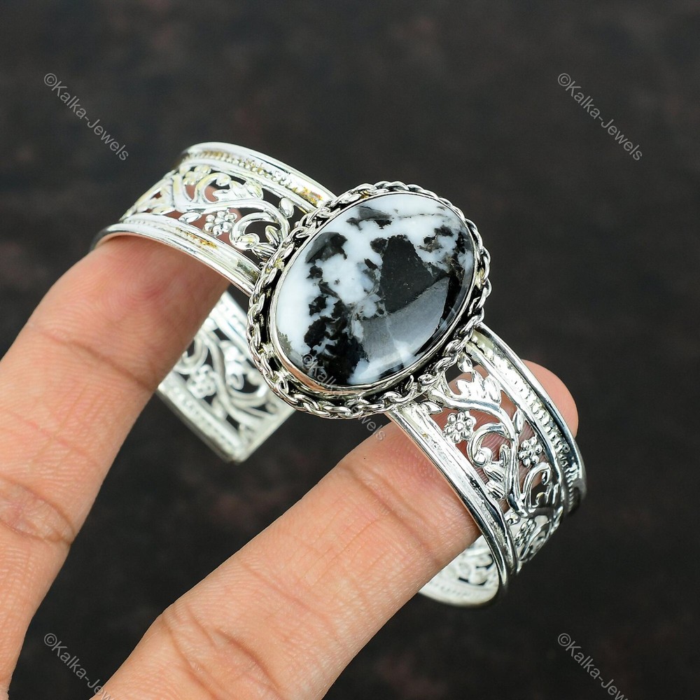 Gift For Her Natural White Buffalo Turquoise Bangle Adjustable 925 Silver