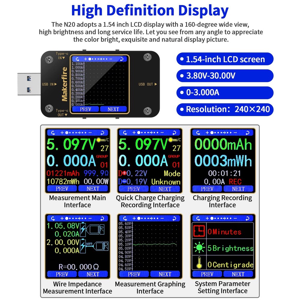 MakerHawk USB Multimeter Voltmeter Ammeter Load Tester Black Green