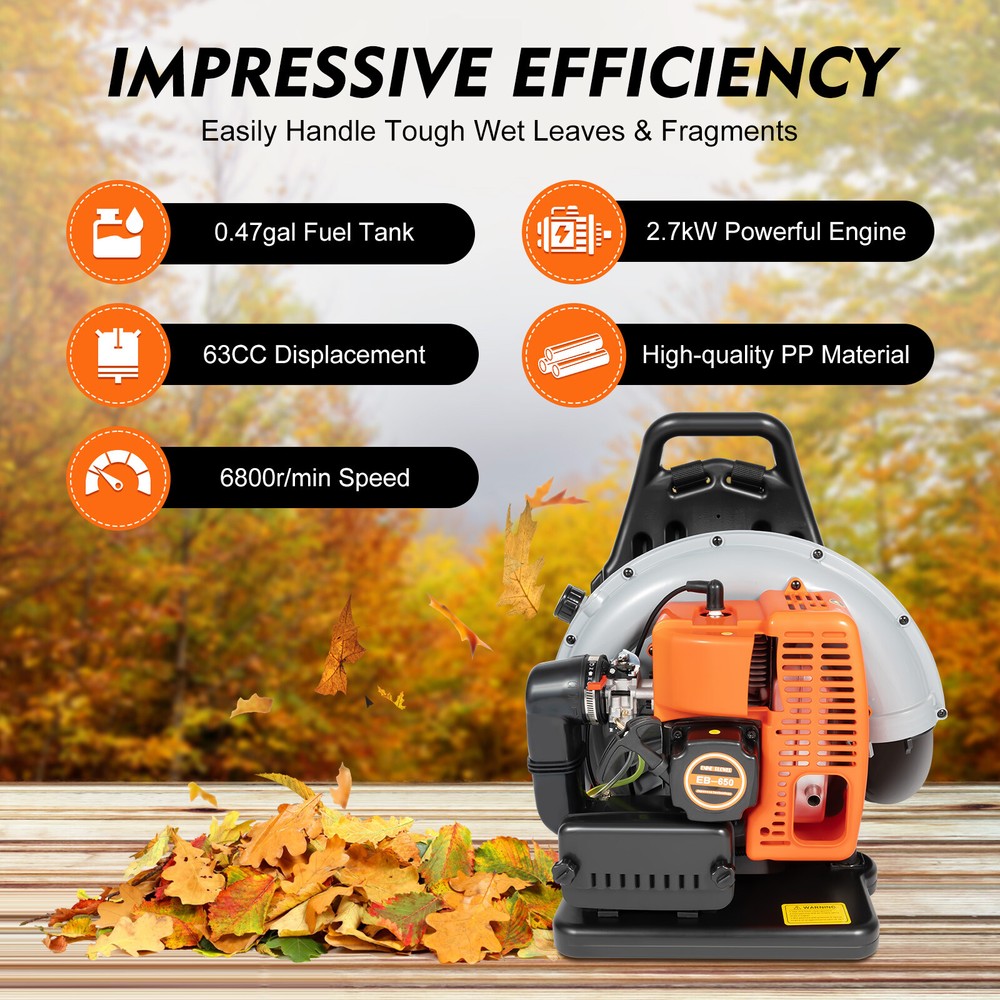 Upgraded 63CC 2-Stroke Backpack Gas Leaf Blower 850CFM 4.3HP Lawn Grass Blower