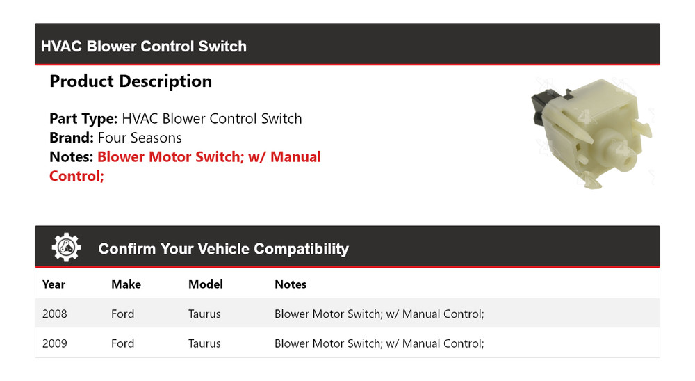 For 2008-2009 Ford Taurus HVAC Blower Control Switch 4 Seasons
