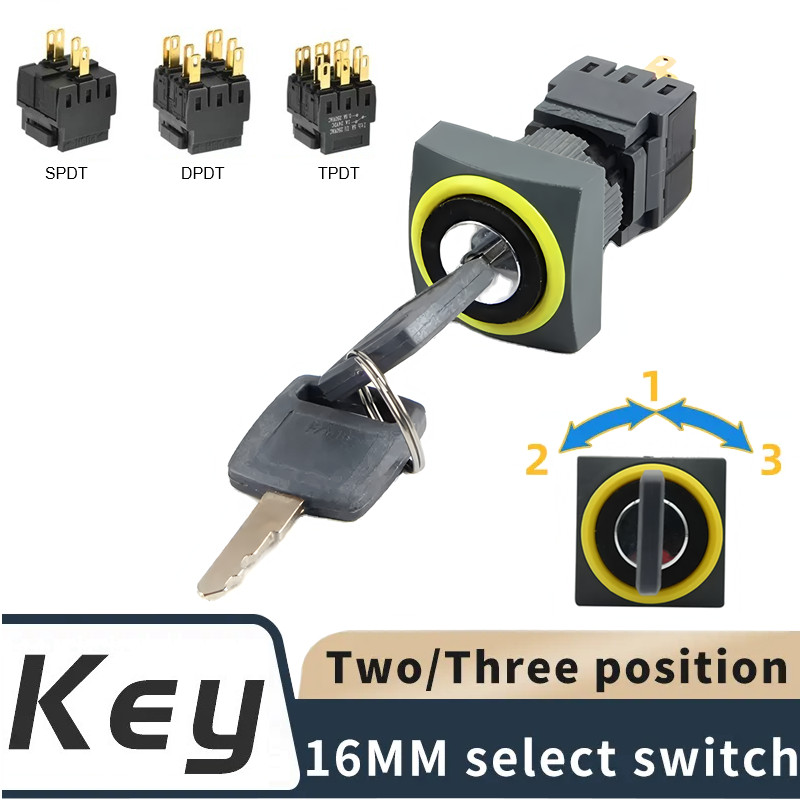 16mm IP54 Square Keylock Rotary Switch 2/3-Position Power Selector Self-Locking