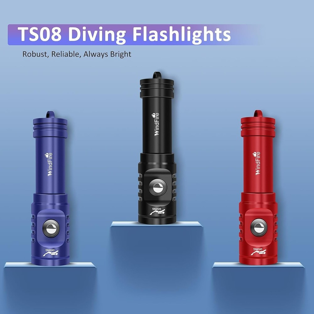 TS08 Scuba Diving Flashlight, Super Bright Dive Light Rechargeable, 3 Modes