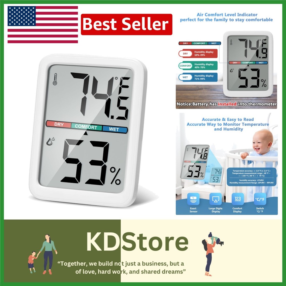Precision Digital Thermometer & Hygrometer with Large LCD & Multiple Mounting...