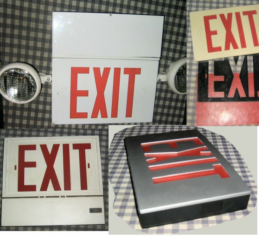Lot 3 Red LED Halogen Emergency Exit Light Signs - Battery Backup